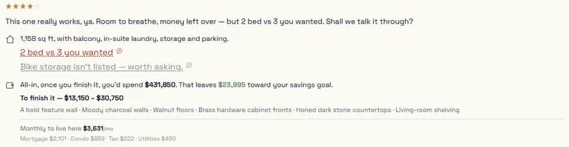 Klaus's verdict on a property with its all-in cost and monthly cost to live there